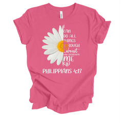 Trenz Shirt Company Christ Who Strengthens Me Philippians 4:13 Womens Christian Daisy Short Sleeve T-shirt-Charity Pink-xl